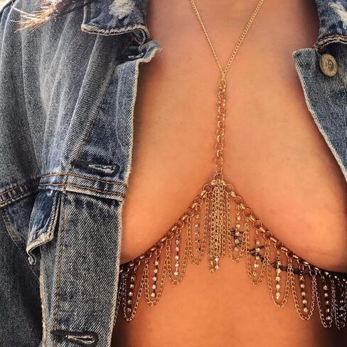 مجوهرات الجسم للنساء سلسلة الجسم مجوهرات مكتنزة سلسلة الجسم حجر الراين شرابة الصدرية سلسلة الذهب بيكيني مجوهرات الجسم شاطئ الصيف مجوهرات الحفلات للنساء in Kuwait