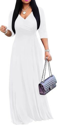 FANDEE Women's Maxi Dress Casual Boho A Line Wedding Guest Cocktail Tea Long Dresses Flowy 3/4 Sleeve V Neck with Pockets in Saudi Arabia