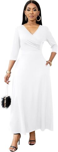 FANDEE Women's Maxi Dress Casual Boho A Line Wedding Guest Cocktail Tea Long Dresses Flowy 3/4 Sleeve V Neck with Pockets in Saudi Arabia