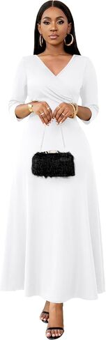 FANDEE Women's Maxi Dress Casual Boho A Line Wedding Guest Cocktail Tea Long Dresses Flowy 3/4 Sleeve V Neck with Pockets in Saudi Arabia