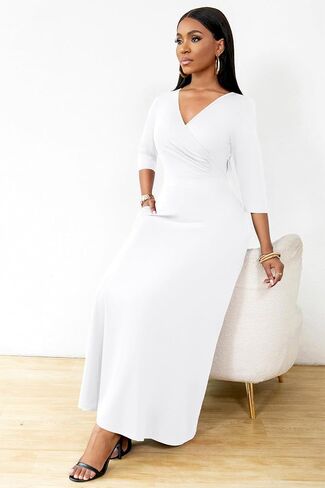 FANDEE Women's Maxi Dress Casual Boho A Line Wedding Guest Cocktail Tea Long Dresses Flowy 3/4 Sleeve V Neck with Pockets in Saudi Arabia
