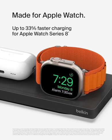 حامل شحن لاسلكي ماج سيف 2 في 1 من بيلكن - شحن لاسلكي سريع لموبايل ابل ايفون 14 وايفون 13 وايفون 12 وايربودز - قاعدة شحن ماج سيف لاجهزة متعددة - ابيض in Kuwait