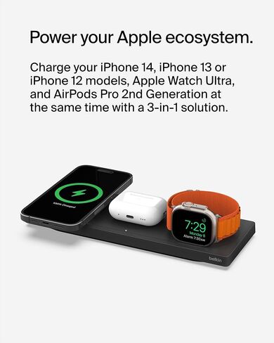 حامل شحن لاسلكي ماج سيف 2 في 1 من بيلكن - شحن لاسلكي سريع لموبايل ابل ايفون 14 وايفون 13 وايفون 12 وايربودز - قاعدة شحن ماج سيف لاجهزة متعددة - ابيض in Kuwait