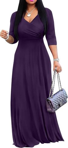 FANDEE Women's Maxi Dress Casual Boho A Line Wedding Guest Cocktail Tea Long Dresses Flowy 3/4 Sleeve V Neck with Pockets in Saudi Arabia