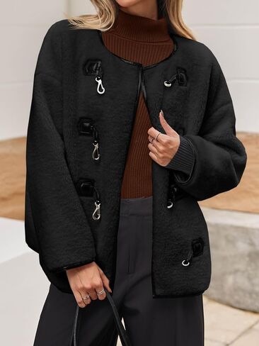 Tankaneo Womens Fuzzy Fleece Jackets Sherpa Collarless Long Sleeve Warm Teddy Coat Oversized Winter Outerwear in Saudi Arabia