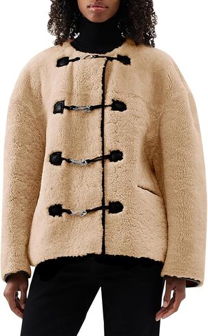 Tankaneo Womens Fuzzy Fleece Jackets Sherpa Collarless Long Sleeve Warm Teddy Coat Oversized Winter Outerwear in Saudi Arabia