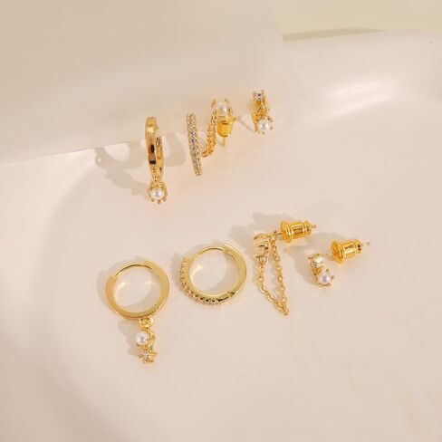 Gold Hoop Earrings for Women Trendy,Dainty Pearl Earrings Set 14K Gold Plated Huggie Earrings for Women Gold Stud Earrings Stack Small Cute Cartilage Hoop Earrings Jewelry for Women in Kuwait