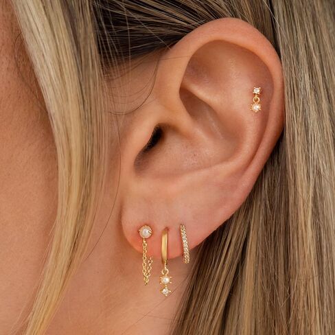 Gold Hoop Earrings for Women Trendy,Dainty Pearl Earrings Set 14K Gold Plated Huggie Earrings for Women Gold Stud Earrings Stack Small Cute Cartilage Hoop Earrings Jewelry for Women in Kuwait