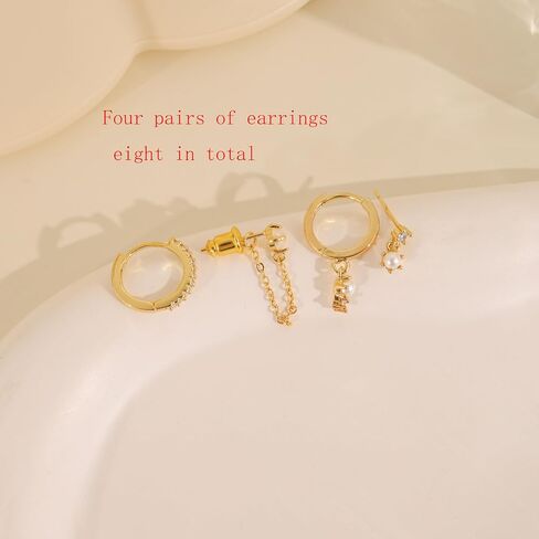 Gold Hoop Earrings for Women Trendy,Dainty Pearl Earrings Set 14K Gold Plated Huggie Earrings for Women Gold Stud Earrings Stack Small Cute Cartilage Hoop Earrings Jewelry for Women in Kuwait