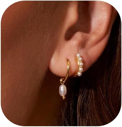 Gold Hoop Earrings for Women Trendy,Dainty Pearl Earrings Set 14K Gold Plated Huggie Earrings for Women Gold Stud Earrings Stack Small Cute Cartilage Hoop Earrings Jewelry for Women in Kuwait