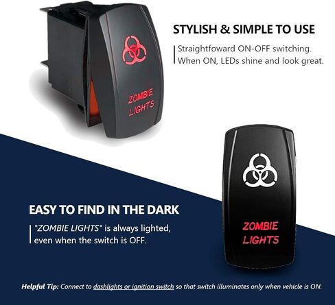 مفتاح تشغيل وإيقاف تشغيل MGI SpeedWare LED Rocker، 20 أمبير 12 فولت تيار مستمر، 5 دبابيس مع أسلاك توصيل، مصابيح زومبي محفورة بالليزر (أحمر) in Saudi Arabia