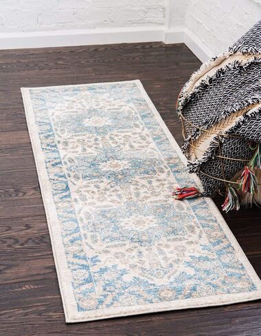 سجادة منطقة الحدود مستوحاة من مجموعة Loom Salzburg الكلاسيكية التقليدية ذات التصميم الشرقي، مقاس 5 أقدام مربعة، بيج/أزرق in Saudi Arabia