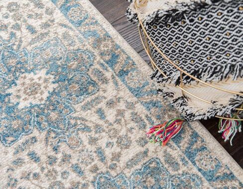 سجادة منطقة الحدود مستوحاة من مجموعة Loom Salzburg الكلاسيكية التقليدية ذات التصميم الشرقي، مقاس 5 أقدام مربعة، بيج/أزرق in Saudi Arabia
