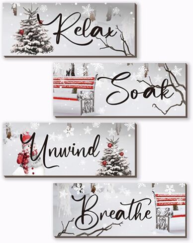 ONIZHITY 4 Pieces Christmas Bathroom Decor Christmas Wall Decor Winter Wooden Hanging Sign with Relax Soak Unwind Breathe Xmas Snow Decor for Home Bathroom Bedroom Office Christmas(Red, 10x4 Inch) in Kuwait