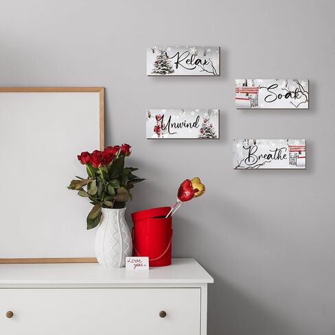 ONIZHITY 4 Pieces Christmas Bathroom Decor Christmas Wall Decor Winter Wooden Hanging Sign with Relax Soak Unwind Breathe Xmas Snow Decor for Home Bathroom Bedroom Office Christmas(Red, 10x4 Inch) in Kuwait