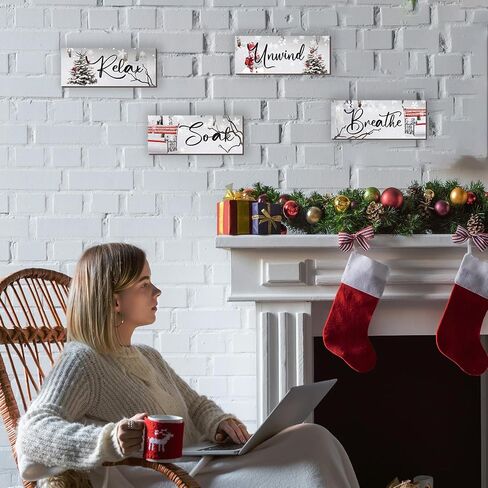 ONIZHITY 4 Pieces Christmas Bathroom Decor Christmas Wall Decor Winter Wooden Hanging Sign with Relax Soak Unwind Breathe Xmas Snow Decor for Home Bathroom Bedroom Office Christmas(Red, 10x4 Inch) in Kuwait