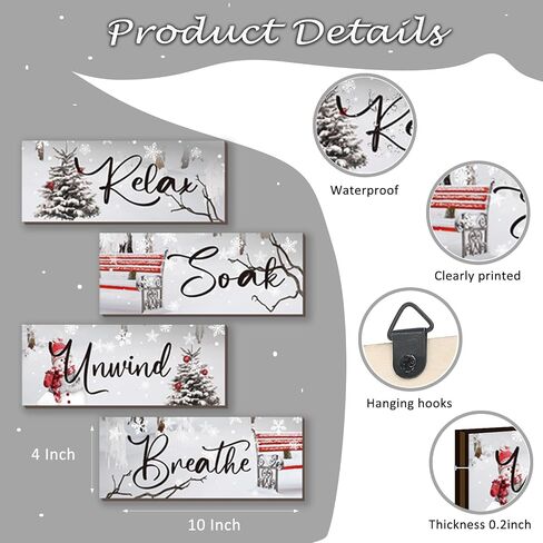 ONIZHITY 4 Pieces Christmas Bathroom Decor Christmas Wall Decor Winter Wooden Hanging Sign with Relax Soak Unwind Breathe Xmas Snow Decor for Home Bathroom Bedroom Office Christmas(Red, 10x4 Inch) in Kuwait
