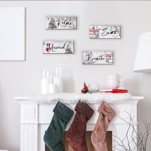 ONIZHITY 4 Pieces Christmas Bathroom Decor Christmas Wall Decor Winter Wooden Hanging Sign with Relax Soak Unwind Breathe Xmas Snow Decor for Home Bathroom Bedroom Office Christmas(Red, 10x4 Inch) in Kuwait
