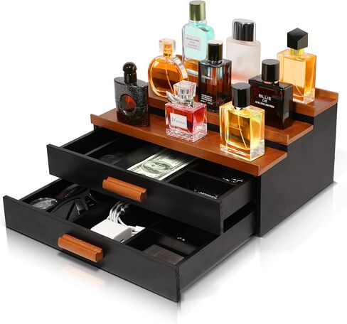 Wooden Cologne Stand Organizer for Men: 3 Tier Perfume Stand with 2 Drawer, Cologne Holder with Hidden Compartment, Cologne and Accessories Organization, Storage Display Risers, Great Gift for Man in Kuwait
