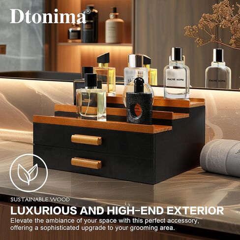Wooden Cologne Stand Organizer for Men: 3 Tier Perfume Stand with 2 Drawer, Cologne Holder with Hidden Compartment, Cologne and Accessories Organization, Storage Display Risers, Great Gift for Man in Kuwait