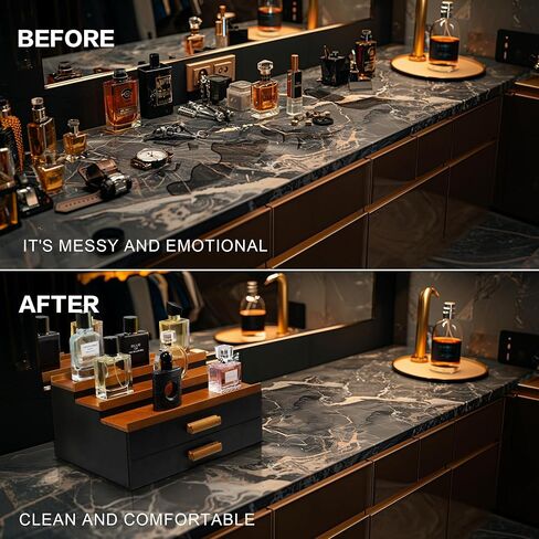 Wooden Cologne Stand Organizer for Men: 3 Tier Perfume Stand with 2 Drawer, Cologne Holder with Hidden Compartment, Cologne and Accessories Organization, Storage Display Risers, Great Gift for Man in Kuwait