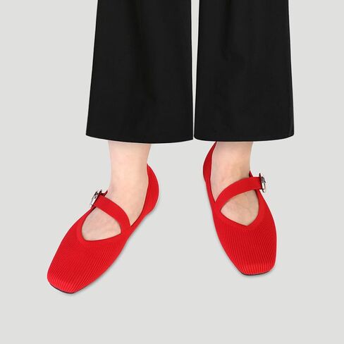 Women's Ballet Flats Washable Knit Mary Jane Flats with Straps Comfort Square Toe Dressy Flats Shoes for Casual Work in Kuwait