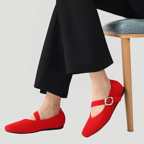 Women's Ballet Flats Washable Knit Mary Jane Flats with Straps Comfort Square Toe Dressy Flats Shoes for Casual Work in Kuwait