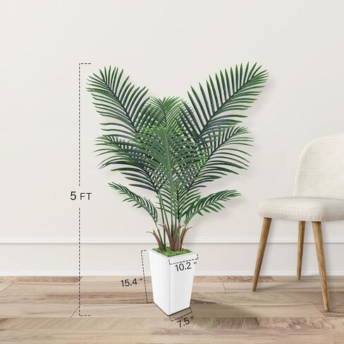 Artificial Palm Tree 5FT, Faux Palm Tree with Tall White Planter, Realistic Leaves & Natural Wood Trunk, Ideal for Home Decor and Housewarming Gift in Saudi Arabia
