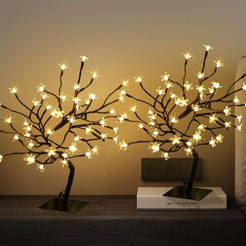 2PK Cherry Blossom Tree Lights,Artificial Bonsai Tree with 48 Warm White Led Lights, 16.2 Inch Prelit Cherry Blossom Lamp for Christmas Party Wedding Gift Home Tabletop Decoration in Kuwait