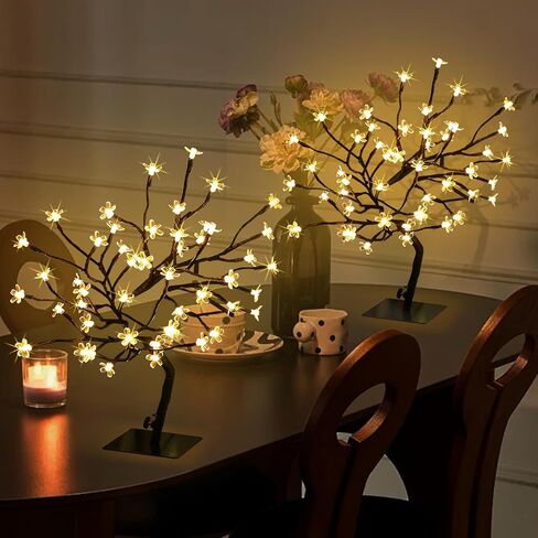 2PK Cherry Blossom Tree Lights,Artificial Bonsai Tree with 48 Warm White Led Lights, 16.2 Inch Prelit Cherry Blossom Lamp for Christmas Party Wedding Gift Home Tabletop Decoration in Kuwait