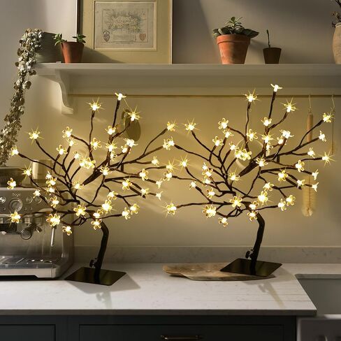 2PK Cherry Blossom Tree Lights,Artificial Bonsai Tree with 48 Warm White Led Lights, 16.2 Inch Prelit Cherry Blossom Lamp for Christmas Party Wedding Gift Home Tabletop Decoration in Kuwait