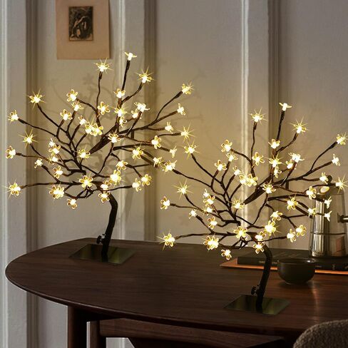 2PK Cherry Blossom Tree Lights,Artificial Bonsai Tree with 48 Warm White Led Lights, 16.2 Inch Prelit Cherry Blossom Lamp for Christmas Party Wedding Gift Home Tabletop Decoration in Kuwait