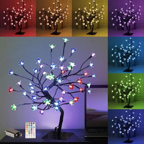 2PK Cherry Blossom Tree Lights,Artificial Bonsai Tree with 48 Warm White Led Lights, 16.2 Inch Prelit Cherry Blossom Lamp for Christmas Party Wedding Gift Home Tabletop Decoration in Kuwait