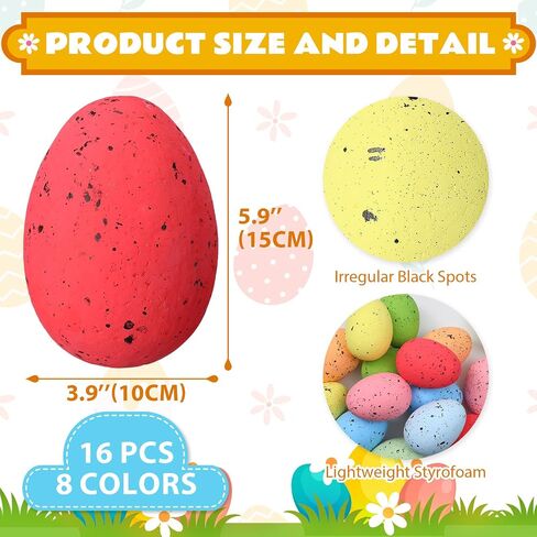 Liliful 16 Pcs 6 Inch Foam Easter Egg Decoration 8 Color Large Decor Easter Eggs Polystyrene Foam Easter Eggs for Crafts Mixed Color Speckled Eggs for Easter Party Kids Home Photo Prop(Bright Color) in Saudi Arabia