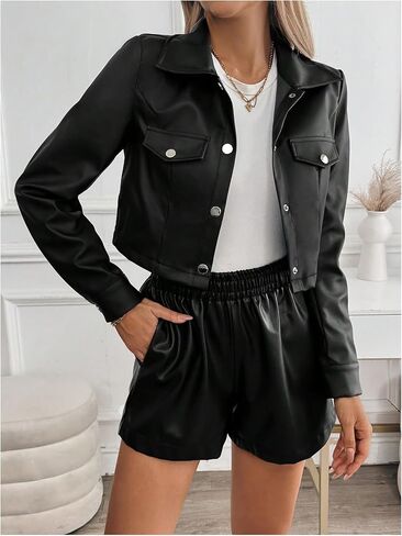 MakeMeChic Women's Faux Leather Crop Jacket Button Down Long Sleeve Motorcycle Jackets in Saudi Arabia
