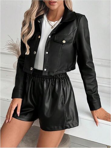 MakeMeChic Women's Faux Leather Crop Jacket Button Down Long Sleeve Motorcycle Jackets in Saudi Arabia