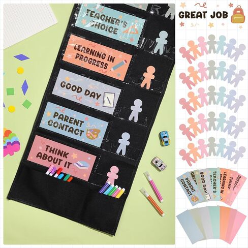 55 Pcs Student Behavior Clip Chart for Classroom Management Student Reward Pocket Chart Hanging Incentive Behavior Bulletin Board with Cards Teacher Supplies for School Office(Boho Style) in Saudi Arabia