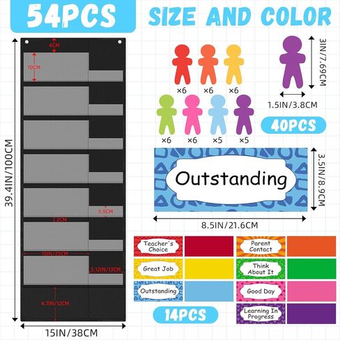 55 Pcs Student Behavior Clip Chart for Classroom Management Student Reward Pocket Chart Hanging Incentive Behavior Bulletin Board with Cards Teacher Supplies for School Office(Boho Style) in Saudi Arabia