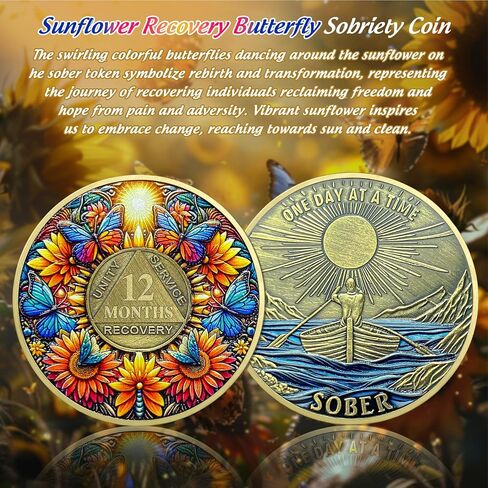 Delicate Sunflower 21 Year Sobriety Coin - 21 Year Recovery Butterfly AA Coins - One Day at A Time NA HA AA Chips and Medallions - 1-40 Years Living Clean Alcoholics Anonymous Gifts for Men Women in Saudi Arabia
