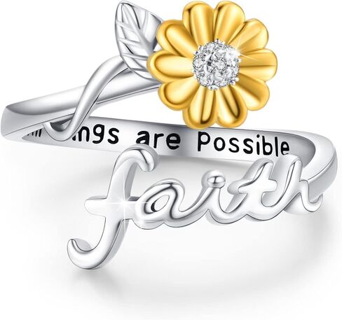 cuoka الفضة عباد الشمس الإيمان حلقة القلق، قابل للتعديل أنت بلدي أشعة الشمس المفتوحة الإيمان الدائري المسيحية الملهمة الحوافز الحلي الهدايا للنساء (خاتم الإيمان عباد الشمس) in Kuwait