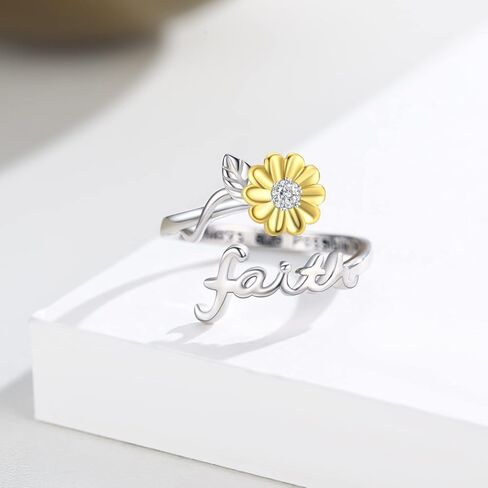 cuoka الفضة عباد الشمس الإيمان حلقة القلق، قابل للتعديل أنت بلدي أشعة الشمس المفتوحة الإيمان الدائري المسيحية الملهمة الحوافز الحلي الهدايا للنساء (خاتم الإيمان عباد الشمس) in Kuwait