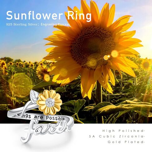 cuoka الفضة عباد الشمس الإيمان حلقة القلق، قابل للتعديل أنت بلدي أشعة الشمس المفتوحة الإيمان الدائري المسيحية الملهمة الحوافز الحلي الهدايا للنساء (خاتم الإيمان عباد الشمس) in Kuwait