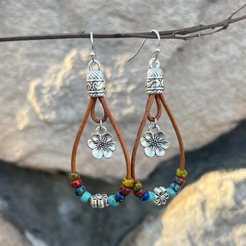 Boho Earrings for Women,Handmade Vintage Dangle Drop Earring,Western Country with Nature Stone and Flower in Saudi Arabia