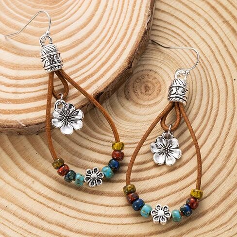 Boho Earrings for Women,Handmade Vintage Dangle Drop Earring,Western Country with Nature Stone and Flower in Saudi Arabia
