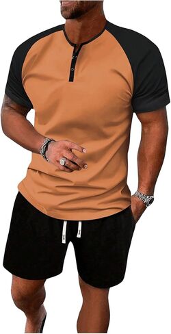 Men's 2 Piece Outfits Color Block Half Button Short Sleeve Tee Shirt and Track Shorts Summer Set in Saudi Arabia