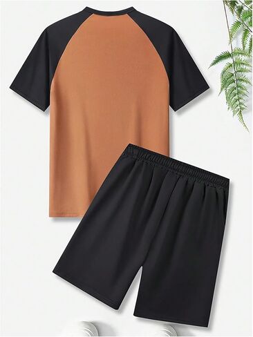 Men's 2 Piece Outfits Color Block Half Button Short Sleeve Tee Shirt and Track Shorts Summer Set in Saudi Arabia