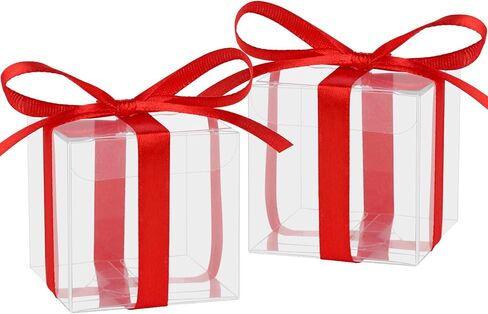 Adecortalk 50 Pcs Clear Favor Boxes, 2x2x2 Inch Clear Plastic Gift Boxes with Gold Ribbon, Clear Gift Boxes Macrame Boxes for Wedding Party Favor Boxes, Baby Showers, Christmas in Kuwait