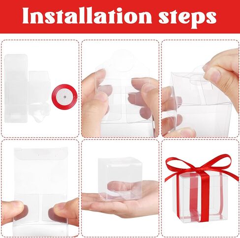 Adecortalk 50 Pcs Clear Favor Boxes, 2x2x2 Inch Clear Plastic Gift Boxes with Gold Ribbon, Clear Gift Boxes Macrame Boxes for Wedding Party Favor Boxes, Baby Showers, Christmas in Kuwait