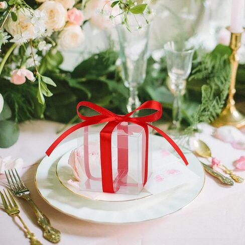 Adecortalk 50 Pcs Clear Favor Boxes, 2x2x2 Inch Clear Plastic Gift Boxes with Gold Ribbon, Clear Gift Boxes Macrame Boxes for Wedding Party Favor Boxes, Baby Showers, Christmas in Kuwait