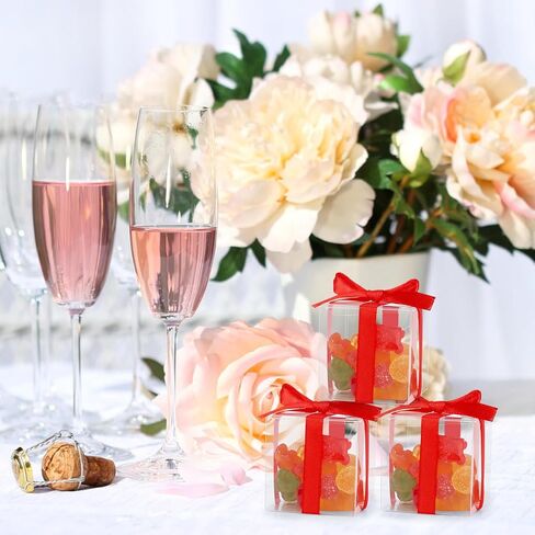 Adecortalk 50 Pcs Clear Favor Boxes, 2x2x2 Inch Clear Plastic Gift Boxes with Gold Ribbon, Clear Gift Boxes Macrame Boxes for Wedding Party Favor Boxes, Baby Showers, Christmas in Kuwait